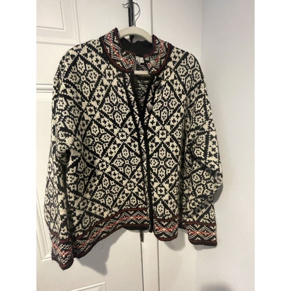 Vintage LL Bean Women's Fair Isle Nordic Chunky Buttons Cardigan L Black White